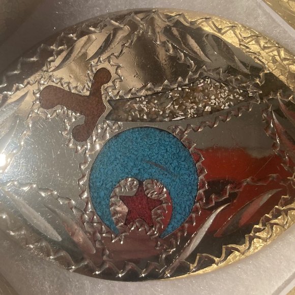 Vintage Metal Belt Buckle, Silver and Blue and Red Inlaid Turquoise, Masons, Mas